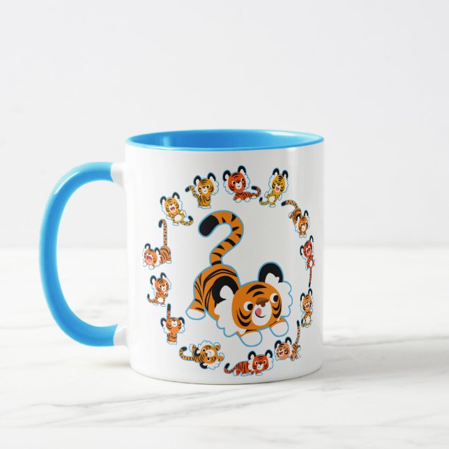 Tigers en caricature mignons Mandala (bleu) Mug (Gauche)
