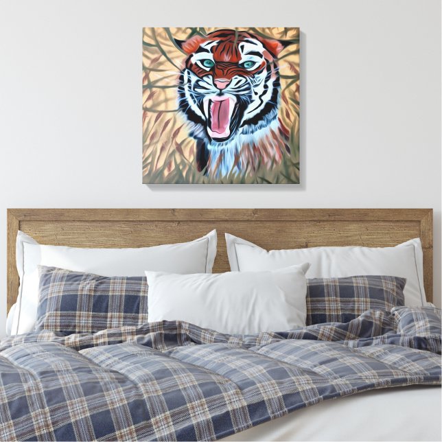 Tigre attaquant peint à la main sur toile  (Insitu(Chambre))