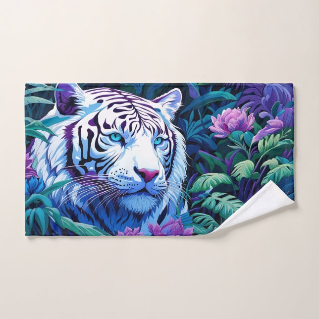 Tigre blanc en fleurs violettes (Serviette à main)