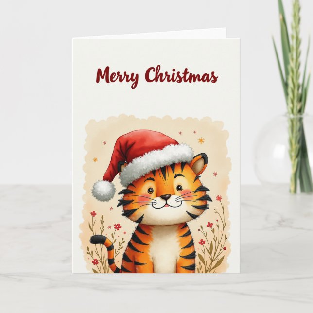 Tigre de Noël mignonne en Santa Hat Carte de vacan (Devant)