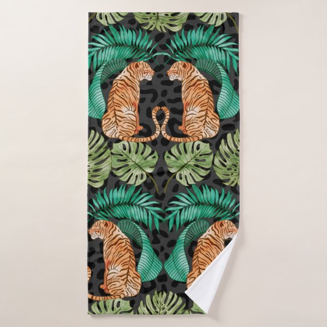 Tigre et Feuilles en Aquarelle Motif sans couture (Serviette de bain)
