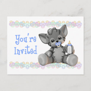 Tigre gris Kitten Baby shower bleu Invitation