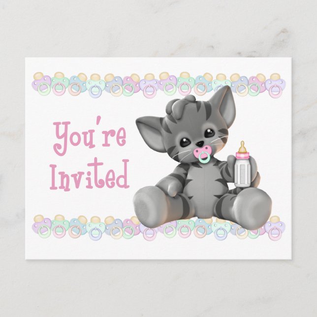 Tigre gris Kitten Baby shower rose Invitation (Devant)