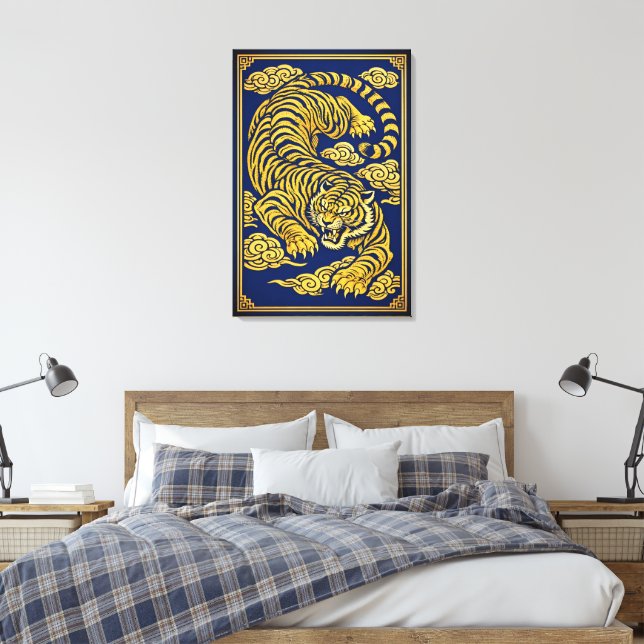 Tigre Impérial – Impression sur toile or et bleu (Insitu(Chambre))
