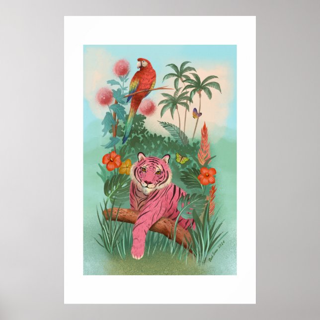 Tigre rose et perroquet Impression tropicale extra (Devant)