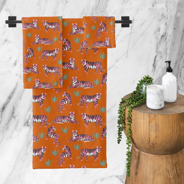 Tigres de la jungle orange bohème rose (Boho Orange Pink Jungle Tigers Bath Towel Set)