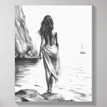 Femme au bord de la mer Carreaux photo dessin au c
