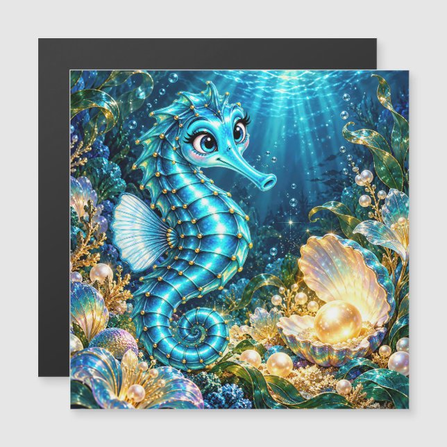 Tilly le hippocampe turquoise – Aimant d'art (Devant / Derrière)