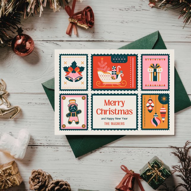 Timbres Colorés Joyeux Noël Carte de Vœux   (Créateur téléchargé)