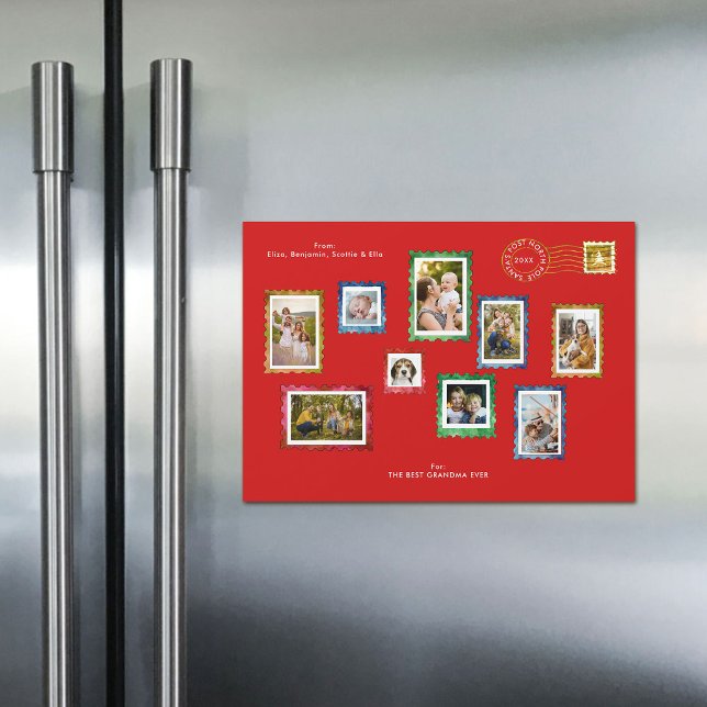 Timbres de Collage de Photos Rouge Noël Grand-mère (magnet christmas card photo collage vintage stamps post postage snail mail red family kids grandpa)