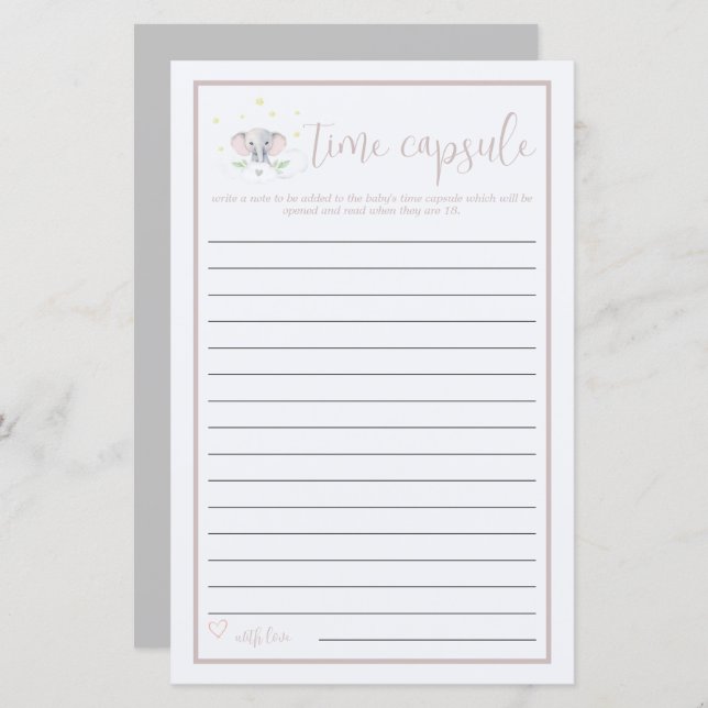 Time Capsule Elephant Baby shower Jeu (Devant / Derrière)