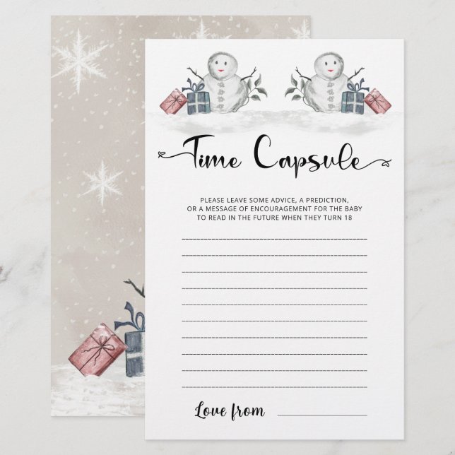 Time Capsule Snowman Baby shower Jeu (Devant / Derrière)