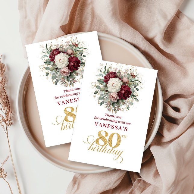 Timeless Blush Bourgogne 80e Anniversaire Merci  (Timeless Blush Burgundy 80th Birthday Thank You Card)