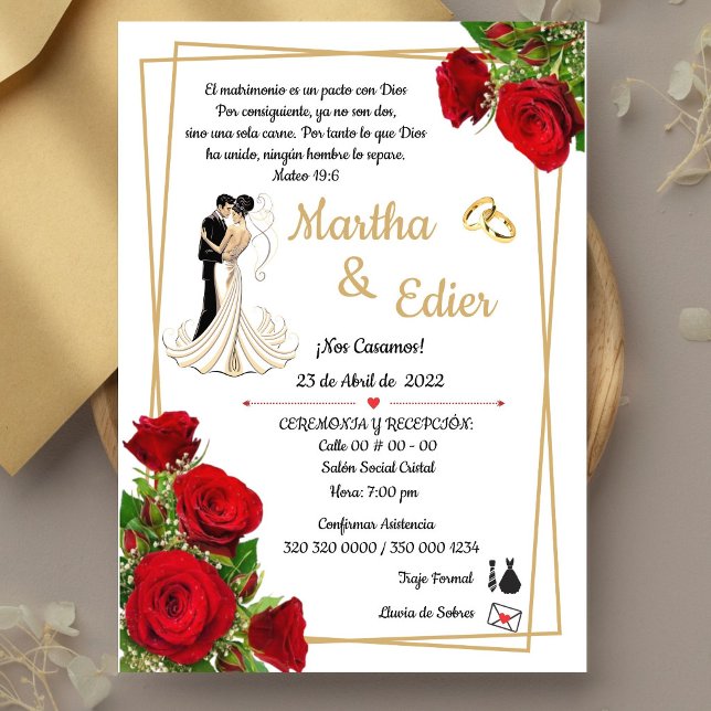 Timeless Love Red Elegance Wedding Invitation  (Classic Red Roses & Gold Religious Wedding Invite. Elegant, traditional and fully customizable)