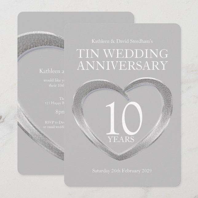 Tin 10e anniversaire de mariage coeur invitations (Devant / Derrière)