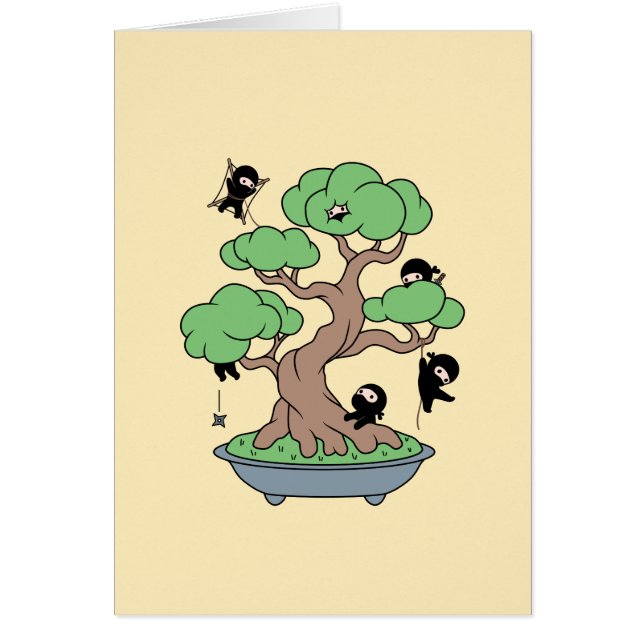 Tiny Ninjas in Bonsai Tree on Yellow Blank Card (Devant)