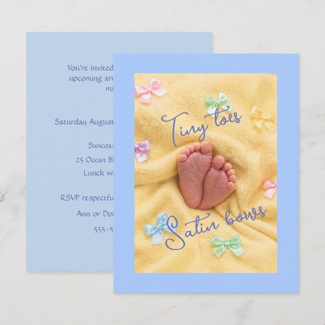 Tiny Toes Satin Bows Baby Shower Invitation (Devant / Derrière)