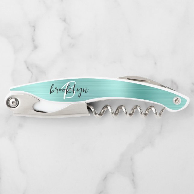 Tire-bouchon Aqua Faux Brushed Metal Monogram Script (Devant)