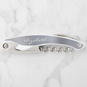 Tire-bouchon Argent Faux Métal Brossé Script Personnalisé