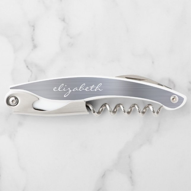 Tire-bouchon Argent Faux Métal Brossé Script Personnalisé (Devant)