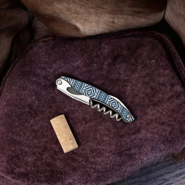 Tire-bouchon Art Motif tribal bleu (Corkscrew Bottle Opener)