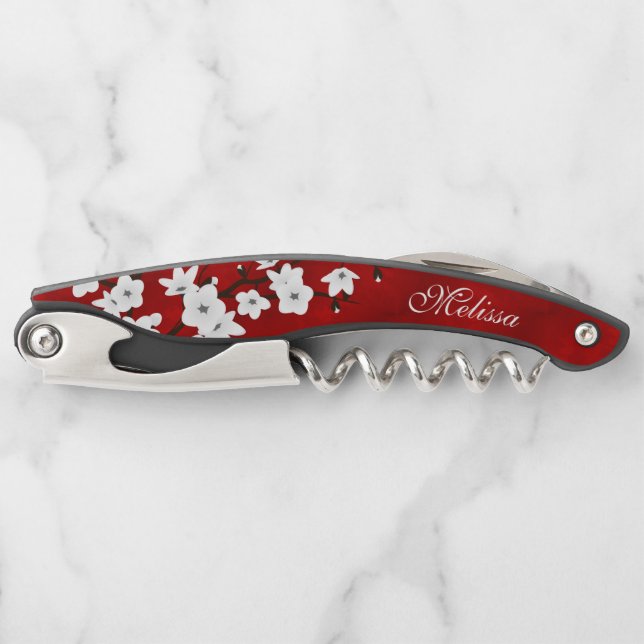 Tire-bouchon Asie Floral Blanc Cerisier Fleur Rouge Monogramme (Devant)