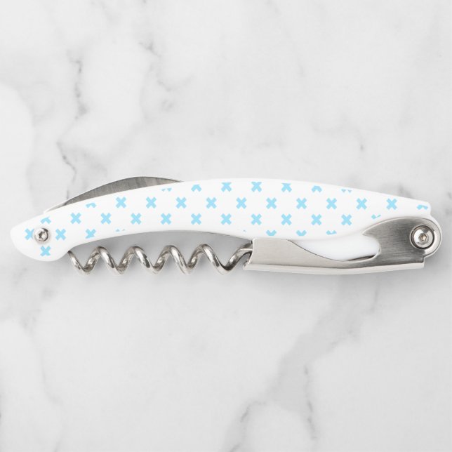 Tire-bouchon Bébé bleu croix coutures sur blanc (Dos)