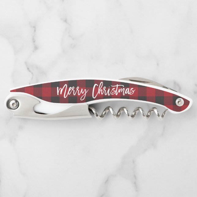 Tire-bouchon Bracelet Script Joyeux Noël Rouge Buffalo Plaid (Devant)