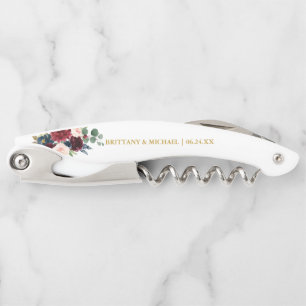 Tire-bouchon Burgundy Bleu Aquarelle Floral Mariage Or