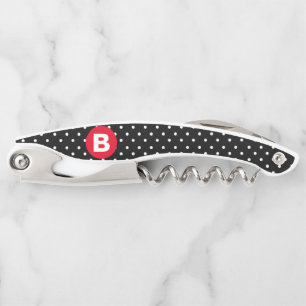 Tire-bouchon Classique pois noir et blanc avec monogramme rouge