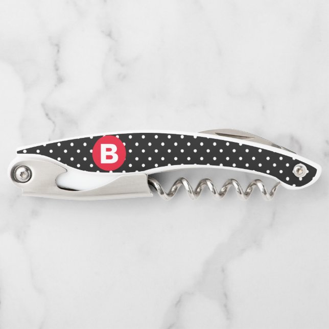Tire-bouchon Classique pois noir et blanc avec monogramme rouge (Devant)
