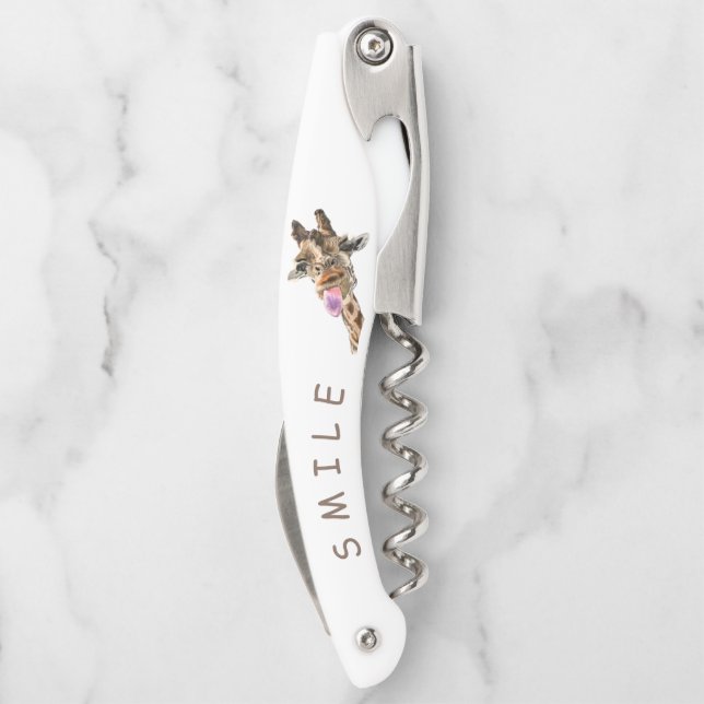 Tire-bouchon Drôle Giraffe Vis-Vis sourire - Texte personnalisé (Dos)