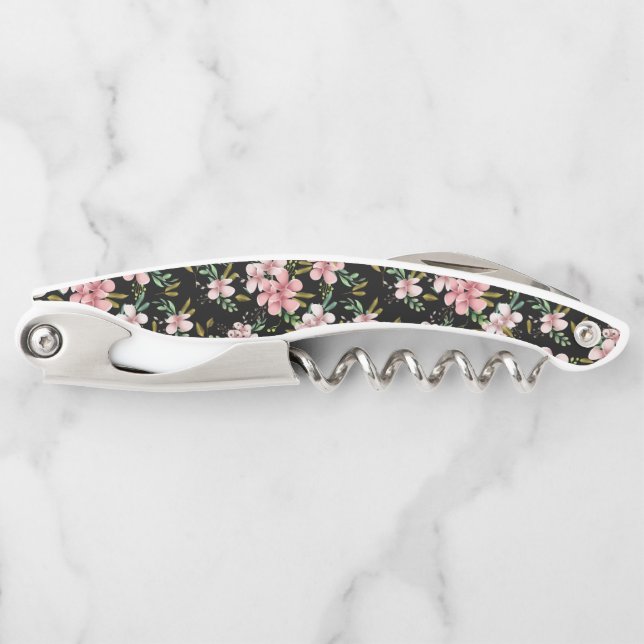 Tire-bouchon Elégant Blush Rose Fleurs Black Party Vin (Devant)
