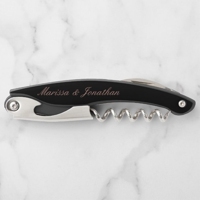 Tire-bouchon Élégant Rose Gold Script Calligraphie Black Mariag (Devant)