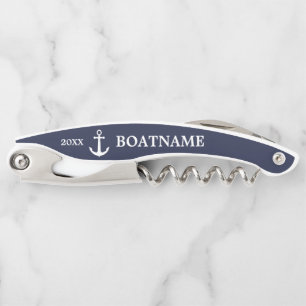 Tire-bouchon Elégante Ancre White Navy Blue Custom Boat Name
