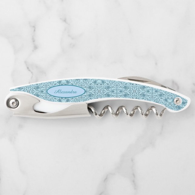 Tire-bouchon Elégante Fleur Turquoise Damas (Devant)