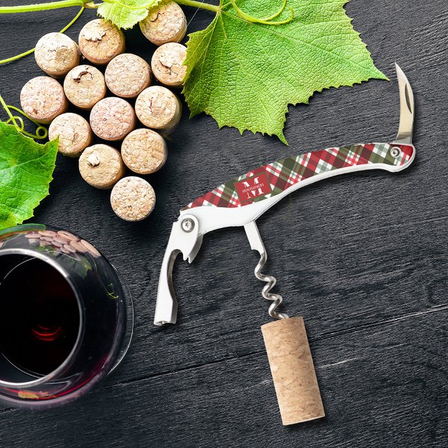 Tire-bouchon Famille Monogramme Noël Plaqué (Monogrammed family name Christmas plaid corkscrew)