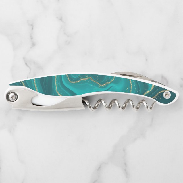 Tire-bouchon Fond de marbre liquide turquoise avec or (Devant)