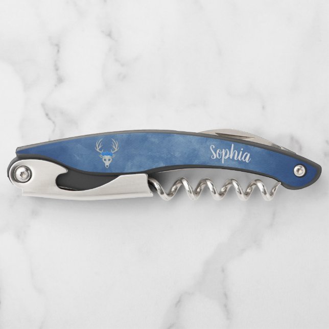 Tire-bouchon Imaginaire White Deer Head Antlers Roses sur bleu (Devant)