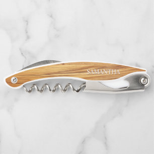 Tire-bouchon Logo image en bois de teck avec texte blanc