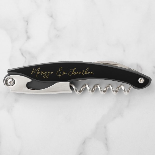 Tire-bouchon Mariage de script lettres d'or noir moderne (Devant)
