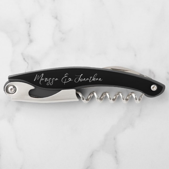 Tire-bouchon Mariage de script moderne noir blanc main lettres (Devant)