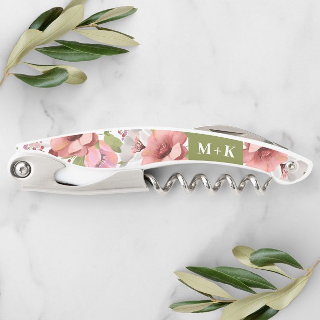 Tire-bouchon Mariage vert monogramme Boho aquarelle florale (Créateur téléchargé)