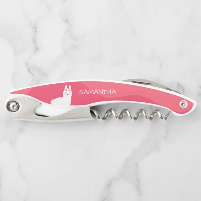 Tire-bouchon Monogramme Cute Funny Alpaca Llama en rose (Devant)