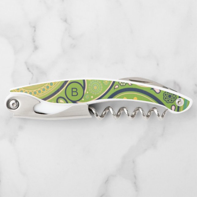 Tire-bouchon Monogramme de motif paisley vert orné (Devant)