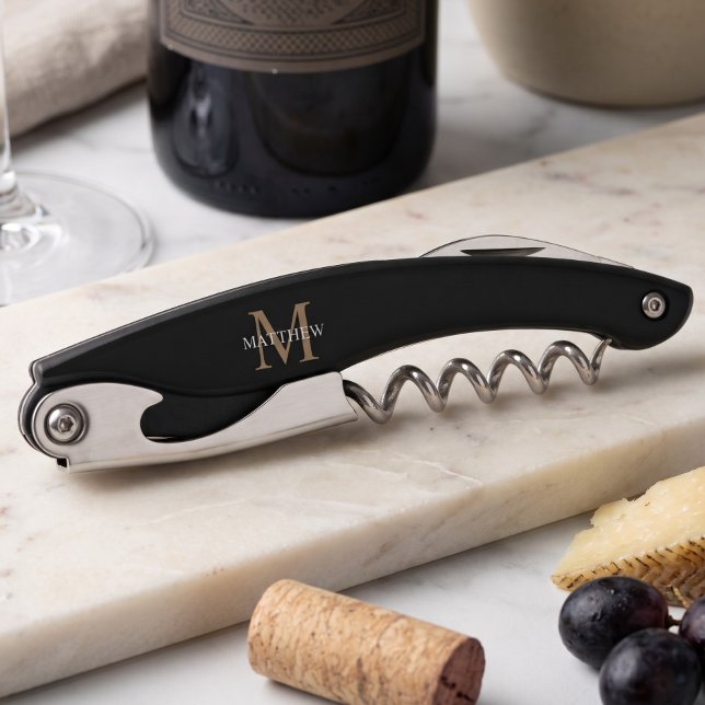 Tire-bouchon Monogramme de nom personnalisé noir (Créateur téléchargé)