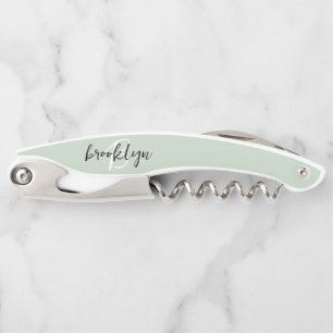 Tire-bouchon Monogramme de style manuscrit vert sauge noir et b