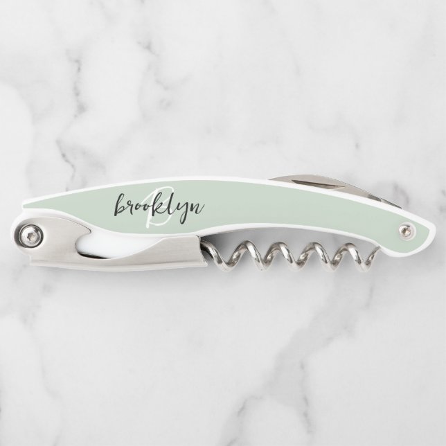 Tire-bouchon Monogramme de style manuscrit vert sauge noir et b (Devant)
