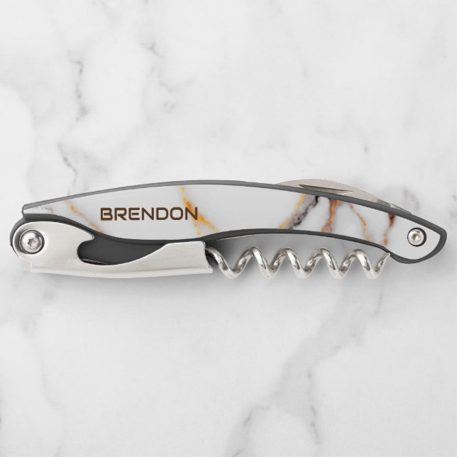 Tire-bouchon Monogramme de texture de marbre blanc et marron (Devant)