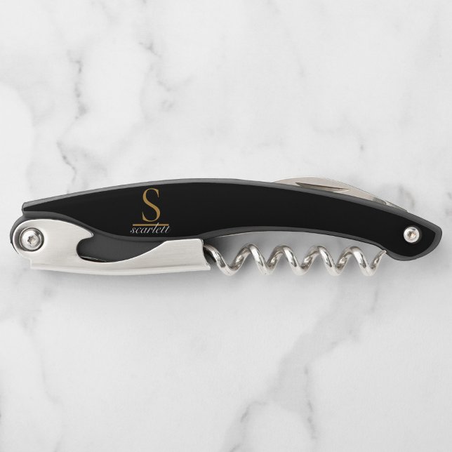 Tire-bouchon Monogramme d'or noir moderne Nom élégant du script (Créateur téléchargé)